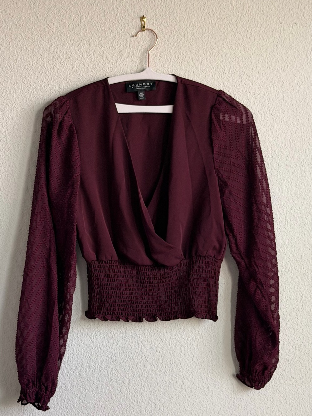 Burgundy Plunge Blouse XS Sheer Sleeve Top